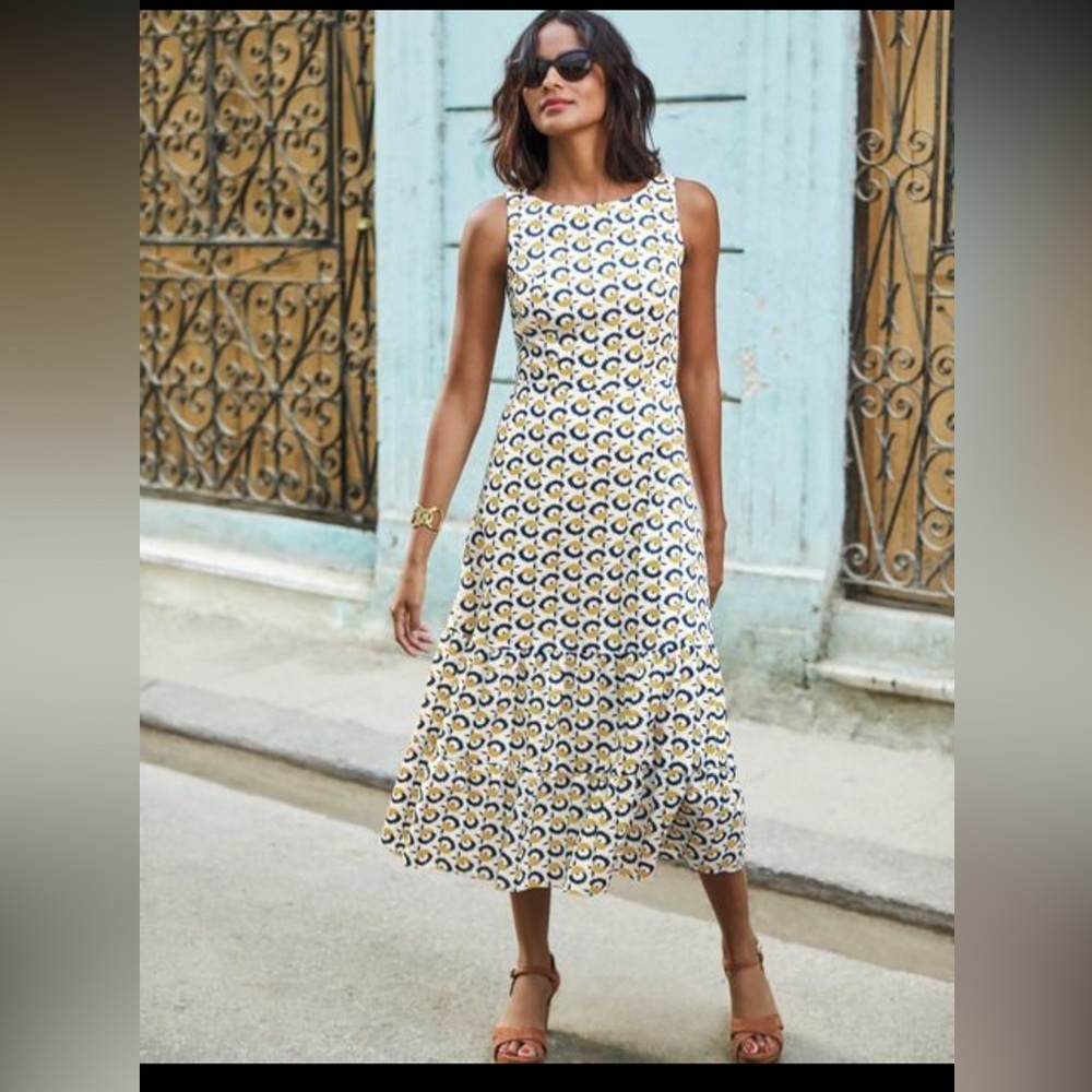 Boden Yellow and Navy Printed Sleeveless Midi Dress